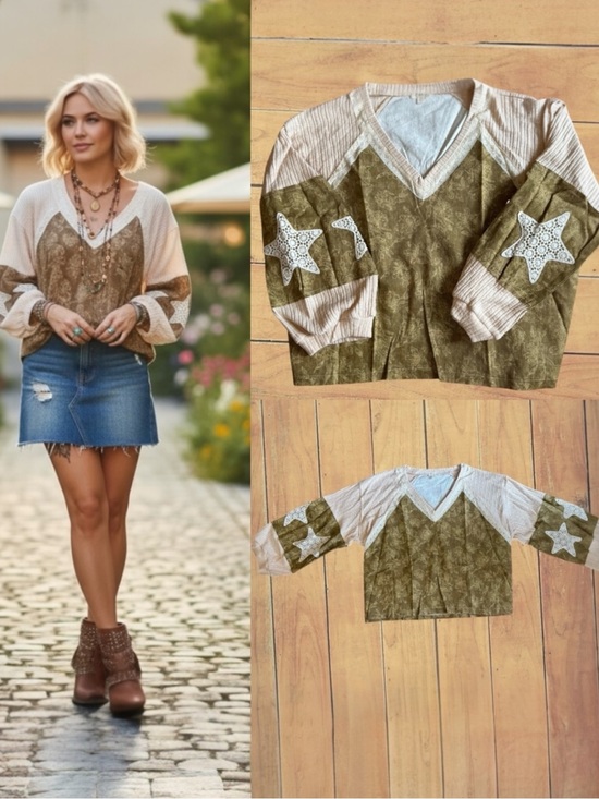 POL Tops - POL Starry Wanderer Star Patch Slouchy Boho Mixed Knit V-Neck Top- Large NWT